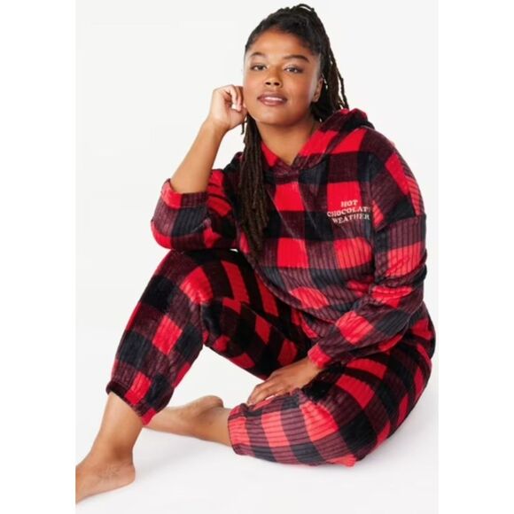 NEW Buffalo Plaid Sz XL 16/18 Soft Plush 2 Pc Hooded Lounge Pajama Set JOYSPUN - Picture 1 of 6